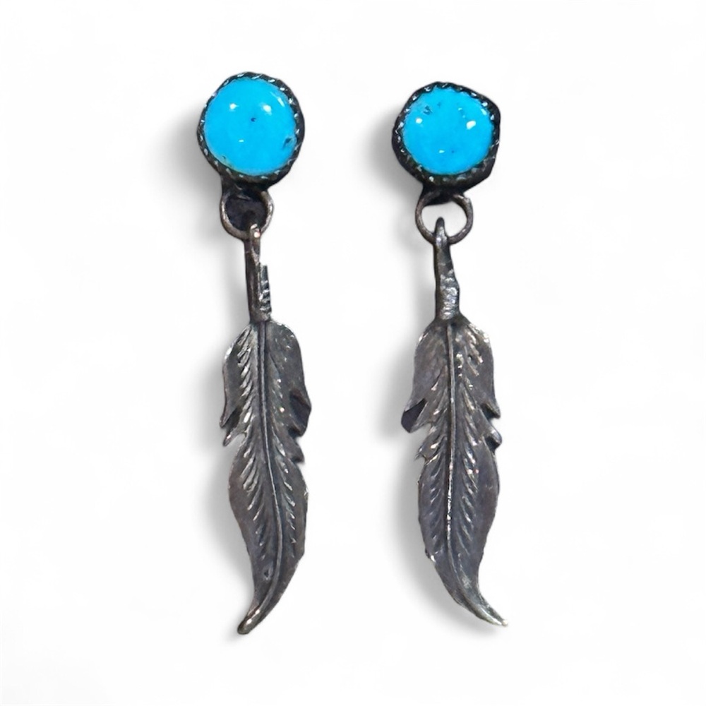 Navajo Sterling Silver Turquoise Feather Earrings No Signature No Stamp